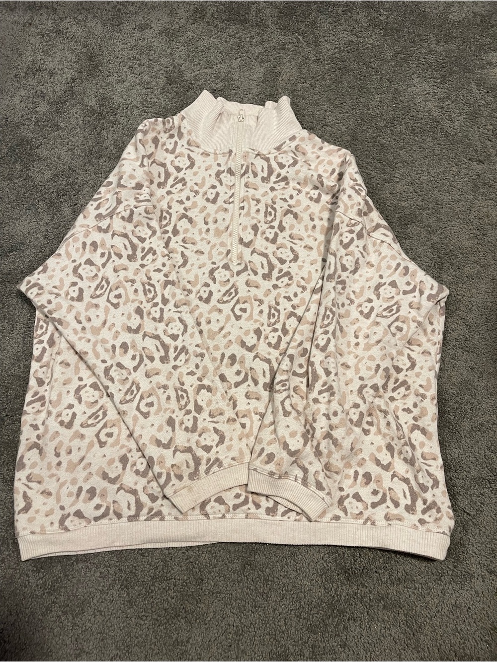 Women's Cream Leopard Zip-Neck Sweater